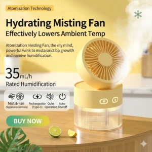 3-in-1 Portable Misting Fan & Quiet Humidifier, 3-Speed Rechargeable Desktop Fan with Ambient Night Light for Office & Home
