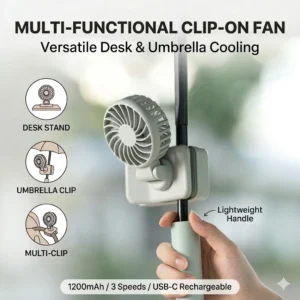 Portable Clip-on Fan, 1200mAh Type-C Rechargeable Small Desk Fan, 3 Speeds Quiet Cooling Fan for Baby Stroller,Umbrella,Travel