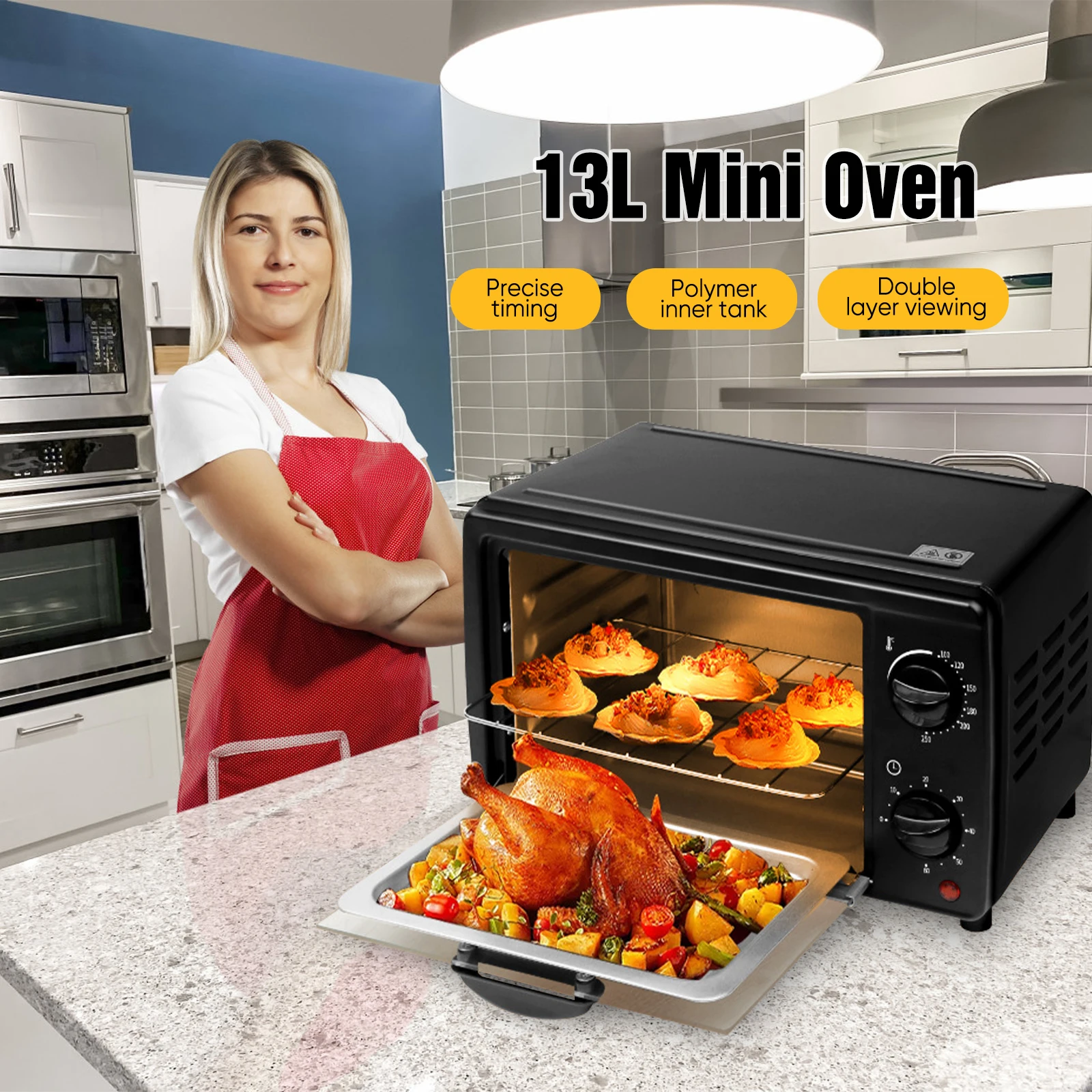 13L Mini Electric Oven Air Fryer Countertop Oven Multifunctional Toaster Oven with Baking Roasting Heating for Pizza Bread Cake Cookies Toast Compact Kitchen Appliance for Home - Image 5