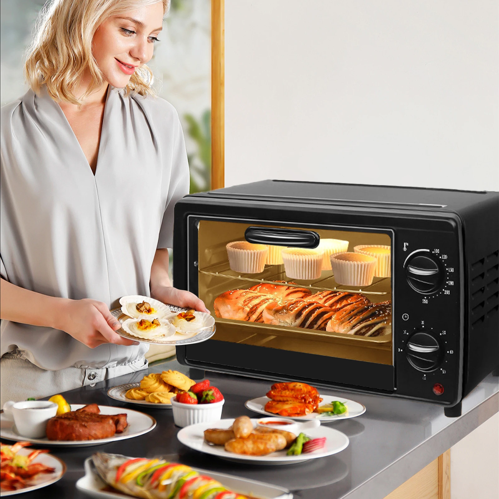 13L Mini Electric Oven Air Fryer Countertop Oven Multifunctional Toaster Oven with Baking Roasting Heating for Pizza Bread Cake Cookies Toast Compact Kitchen Appliance for Home - Image 6