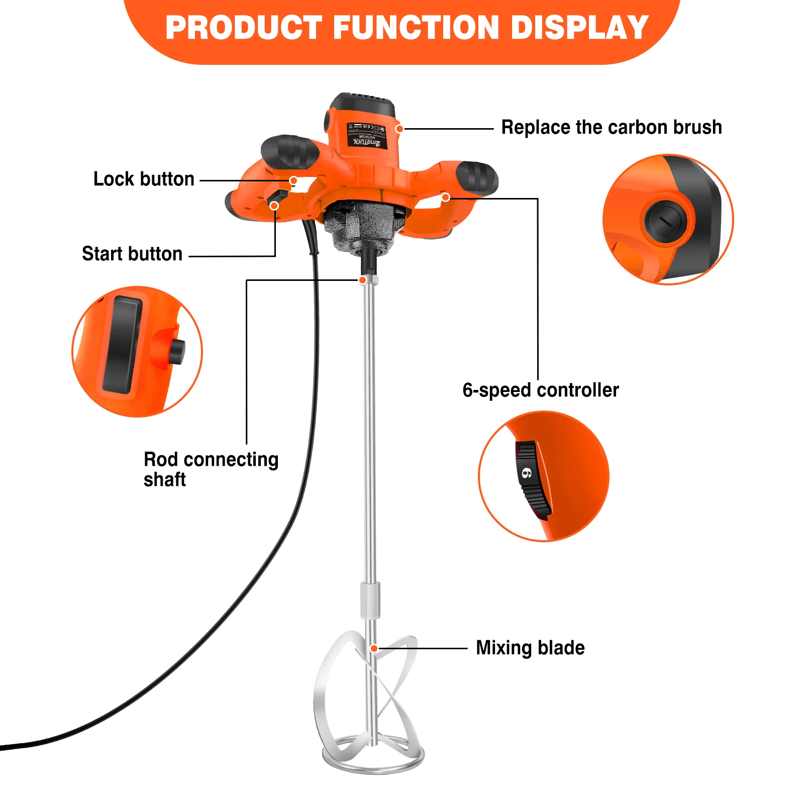New Handheld Paint Concrete Mixer Machine Paddle Mixer Adjustable 6Speed Stirrer Electric Mix Stirring Tool M14 Mixing Rod 2600W - Image 3